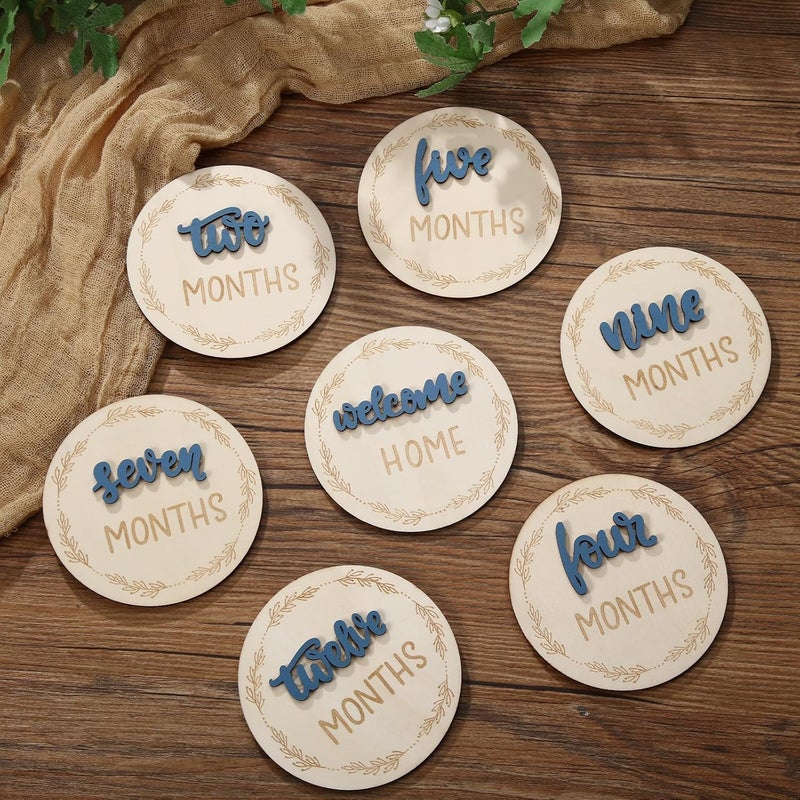 AuraRay Baby Monthly Milestone Cards, Wooden 3D Baby Milestone Signs, Double Sided Blue Monthly Baby Milestone for Newborn Boy Girl 1-12 Months Photos - Image 4